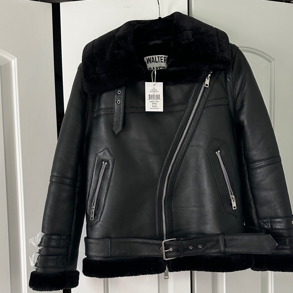 Walter Baker Black Leather Moto Jacket with Silver Zippers and Belt size Medium